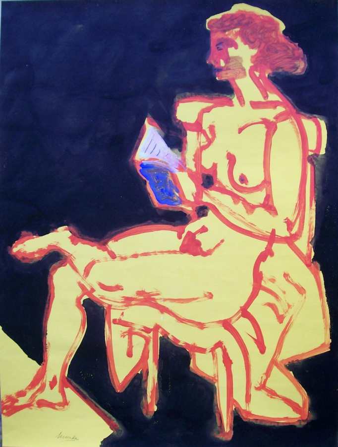 The Reader a mixed media ink and acrylic painting by Arthur Secunda